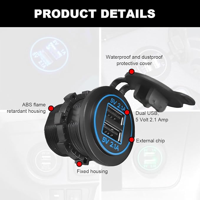 4.2A Dual USB Charger Socket, Waterproof Power Outlet 12V/24V 2.1A & 2.1A Quick Charge Socket, USB Charger Socket with Cap for Car Golf Cart Mobile RV ATV Truck Marine Boat (Blue)