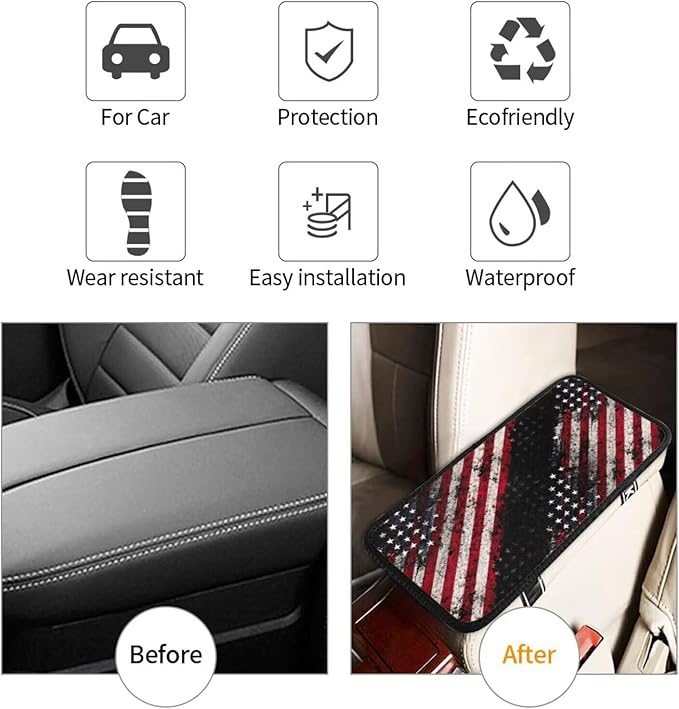 American Flag Print Car Armrest Cover Pad Vintage Star Black Red Arm Rest Seat Box Cushion Protector Scratch Resistant Lid Covers Fit for Most Cars Sedans Vans Truck SUVs