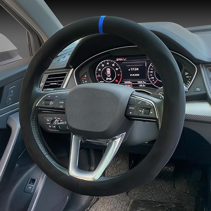 Carodi Suede Steering Wheel Cover ， Non-Slip Leather Car Interior Fitting 15-inch Universal