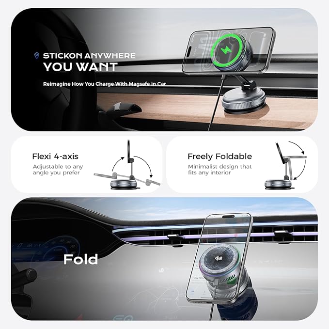 Qi2.2 Magnetic Car Mount Charger【25W Fast Charging+Ice-Cooling】 360° Rotating Fast Wireless Charger Stand with Cooling Fan/LED Light,Vacuum Magnetic Phone Holder Compatible with iPhone 12-17, S26/S25