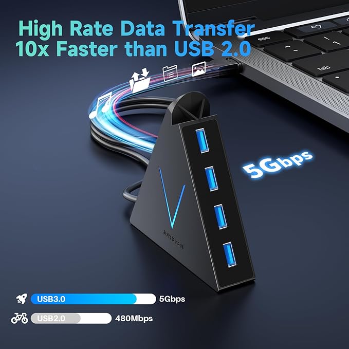 4-Port USB 3.0 Hub, FlyingVHUB USB Hub Tower with 2 ft Extended Cable,USB Splitter for Laptop,PC,PS4,PS5,Xbox,Mouse,Keyboard, Flash Drive, U-Disk (Black)