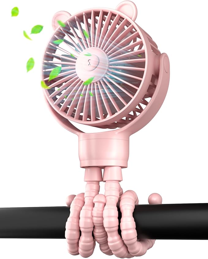 buywoo Portable Stroller Mini Fan, Small Rechargeable Personal Cooler w/ 360° Rotation, Baby Essentials for Car Seat, Crib, Bike, Treadmill, 3-Speed Battery Powered Stroller Accessories, Pink