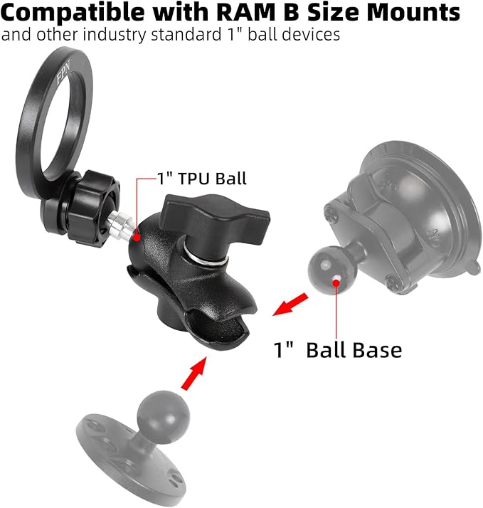Magnetic Phone Holder Base for RAM Mounts, 1" (25mm) Ball Mount with Short Aluminum Alloy B Size Double Socket Arm, Compatible with Magsafe iPhone 17/16/15/14/13/12 Series