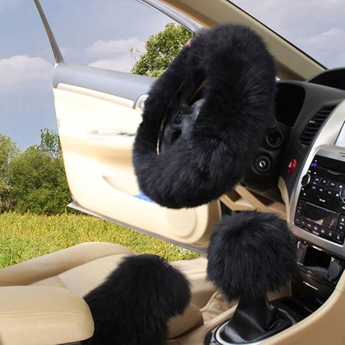 1 Set 3 Pcs Car Steering Wheel Cover & Handbrake Cover & Gear Shift Cover Set Faux Wool Warm Winter (Black-3pcs)