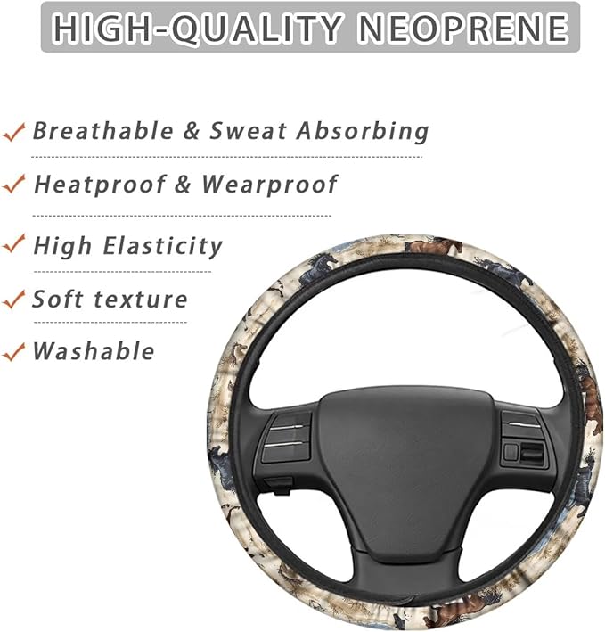 AFPANQZ Car Steering Wheel Covers White Sweat Absorption Comfort Grip, Horse Painting Universal 14-15 inch Stretch-on Fabric Keep Warm Steering Wheel Protector for Women
