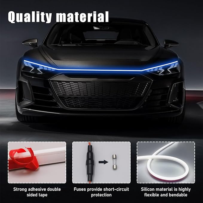 Ohleats 79 Inch Car Hood Light Strip, Exterior Flexible Daytime LED Running Light, Waterproof Auto LED Strip Light with Dynamic Scan Start-up Effect, Car Accessories for SUV Truck (Blue)