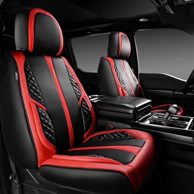 CAR PASS Nappa Leather Car Seat Covers Full Set Waterproof Protector Durable Cushioned,Universal Fit for Sedan SUV Pick-up Truck,Automotive, Anti-Slip and Backseat Luxury Premium(Black and Red)
