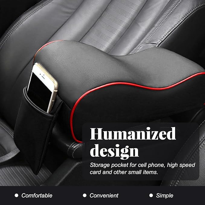 Car Center Console Cover, Soft Memory Foam Auto Arm Rest Pillow with Phone Holder Storage Bag, Waterproof Leather Armrest Seat Box Protector Comfy Cushion Pad for Most Cars (Black&Red)
