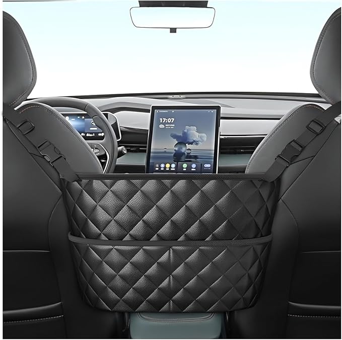 Car Net Pocket Handbag Holder Between Seats, Large Capacity Storage Bag for Front Seats, Leather Car Organizer Backseat Barrier for Kids Pet, Handbag Organizer Pocket Car Console Purse Holder