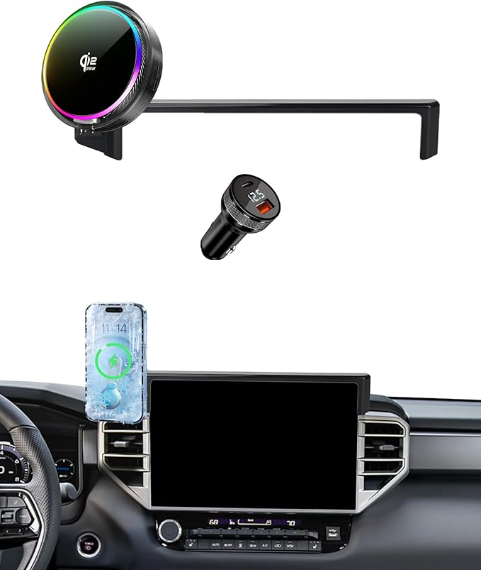 Qi2.2 25W Magnetic Car Mount Charger for Toyota Tundra 2022-2026/Sequoia 2023-2026 Accessories, for Fast Charging Cell Phone Holder 14 Inch Screen Fixed Clip with Cooling Fan＆54W Fast Adapter