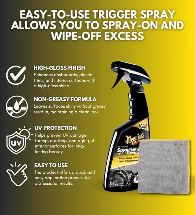 Supreme Shine Auto Surface Protector Spray 16 oz Bundle with Microfiber Cloth - High-Gloss Car Shine - UV Protection for Vinyl, Rubber & Plastic - Car Interior Detailer Spray Protectant - (2 Items)