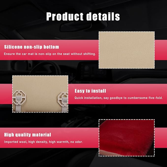 Sheepskin Car Seat Cushion, Comfortable Soft Fur Wool Auto Front Seat Cover, Vehicle Seat Protector Pad for Warm Winter Office Chair, Universal Decor Car Accessories (Wine Red)