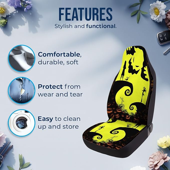 GENANY Nightmare Skellington Car Seat Covers Set of 2, Horror Breathable Front Seat Covers for Truck Sedan SUV, Movie Themed Car Accessories, Horror Gift for Women Men