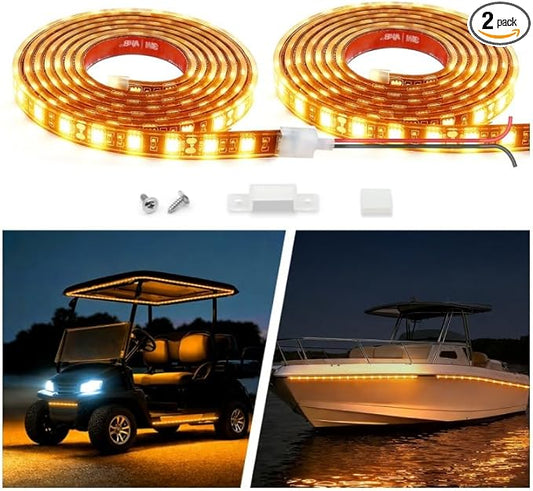12V Marine Boat LED Light Strip Super Bright, 2 Pack 2FT IP68 Fully Waterproof RV Front Cap Lights, Golf Cart Underglow Roof Lights Strip for Truck ATV UTV SUV Car Pickup Trailer, Cuttable, Amber
