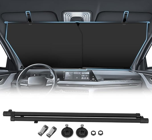 Retractable Windshield Sun Shade Automatic Sunshade for car with 99% UV Heat Protection, 420D Fabric Keep Cool & Protect Interior, Universal Adjustable Fit for Cars Trucks SUVs (Not for Large Trucks)