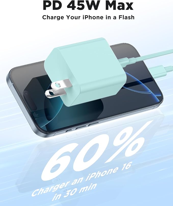 45W iPhone 16 15 Pro Max Charger Fast Charging 6FT/10 FT/10FT, Super Fast USB C Charger Block with Extra Long Type C Charging Cable, PD Quick Adapter 3.0 for iPhone 16 15/16e 15Pro/16 15 Plus-Green