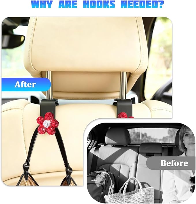 Bling Car Seat Headrest Hook, 4PCS Daisy Crystal Rhinestone Vehicle Backseat Hanger Storage Hook for Purses Bags, Auto Interior Headrest Storage Organizer Decorations, Universal Fit (Red)