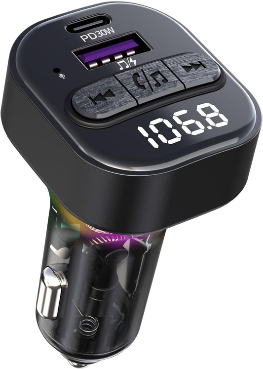 Bluetooth 5.3 FM Transmitter for Car, Bluetooth Car Adapter with Type-C PD(30W) Charger and QC3.0 USB Port, Wireless FM Radio Transmitter, Support MP3 Player, Handsfree Calling, LED Backlit,U Disk
