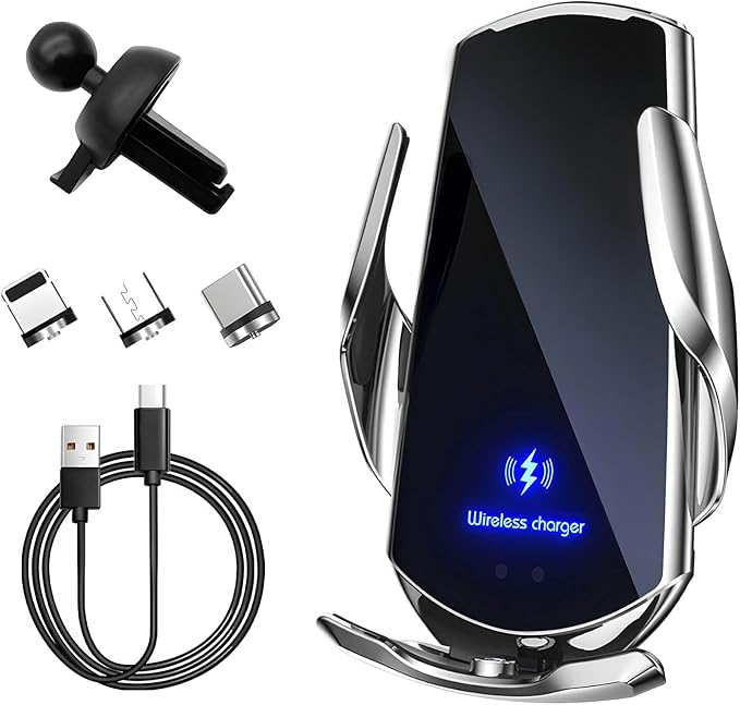 Wireless Car Charger, 15W Fast Charging Mount Electric Induction Car Phone Holder, Universal Auto-Clamping Magnetic Charger Air Vent Mount Bracket for Most Smartphones (Silver)