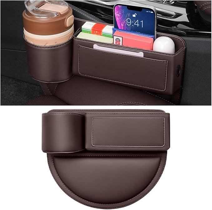 Leather Car Seat Gap Filler Organizer, Adjustable Vehicle Side Gap Storage Box, Auto Front Seat Crevice Catcher for Phones, Glasses, Keys, Universal for SUV, Sedan, Truck (Brown)