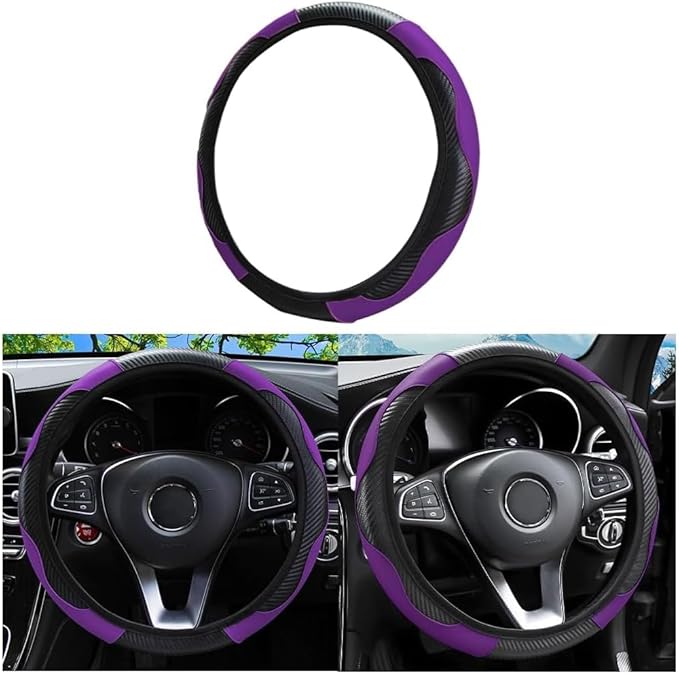 Car Steering Wheel Cover, Microfiber PU Leather Elastic Carbon Fiber Auto Steering Wheel Protector, 15 Inch Breathable Anti-Slip for Women Men, Car Interior Accessories for Most Cars (Black/Purple)