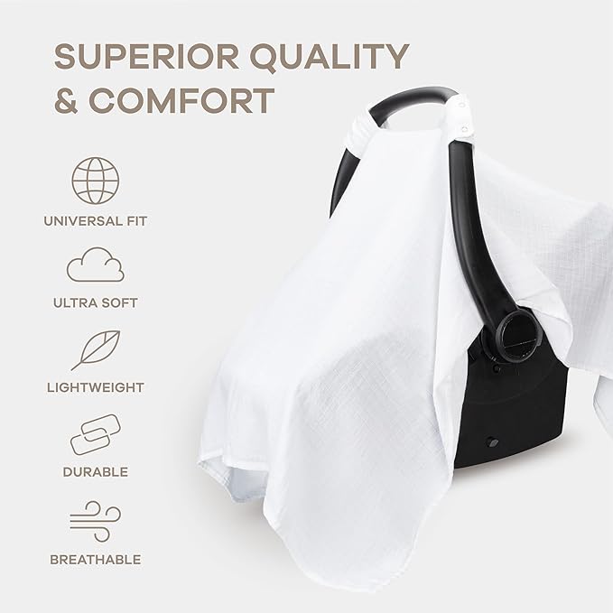 Comfy Cubs Baby Car Seat Cover - Soft, Breathable Bamboo Rayon and Muslin Cotton Blend - Lightweight Canopy for Sun, Bug, and Comfort Protection - Large Size Infant Seat Cover in White Design