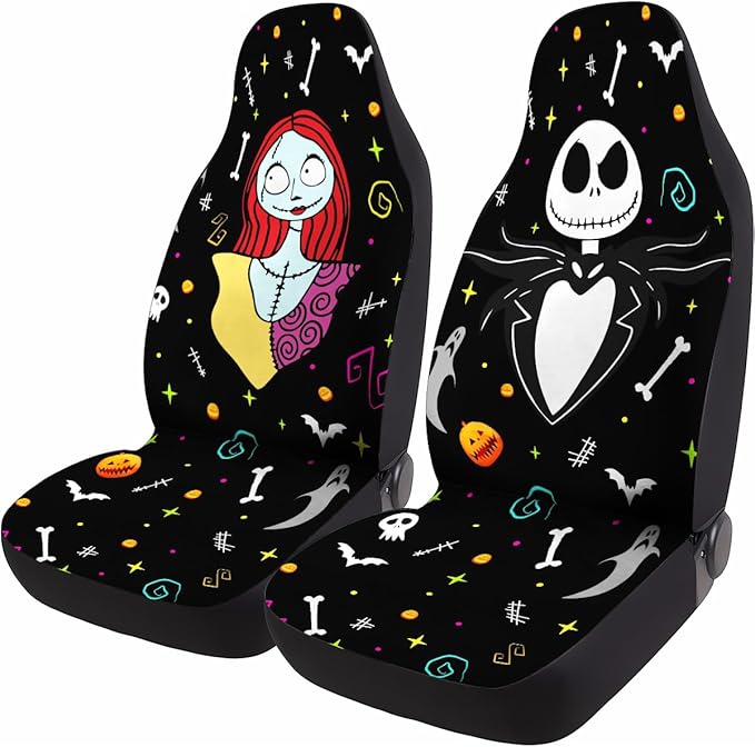 GENANY Nightmare Skellington Car Seat Covers Set of 2, Couple Breathable Front Seat Covers for Truck Sedan SUV, Movie Themed Car Accessories, Horror Gift for Women Men