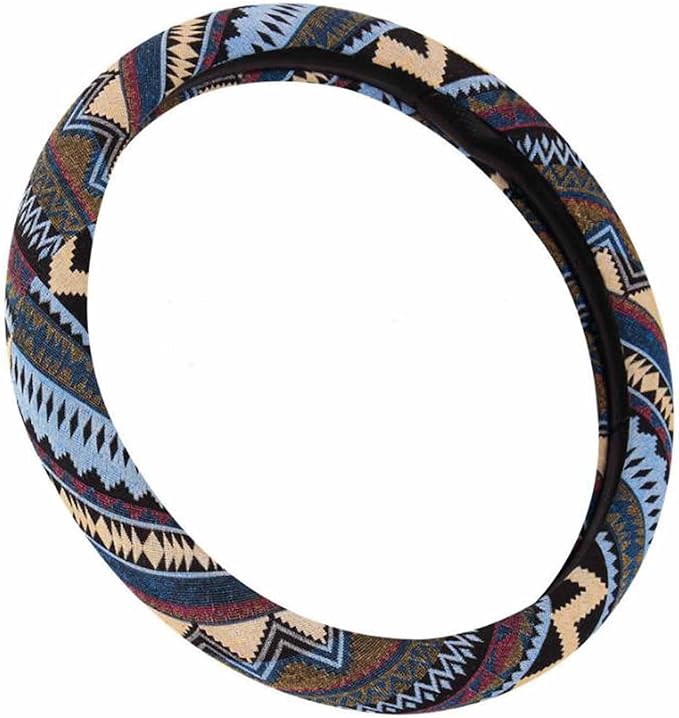 SHIAWASENA Car Steering Wheel Cover, Coarse Flax Cloth, Ethnic Style, Universal 15 Inch Fit, Anti-Slip Sweat-Absorbent (I#)
