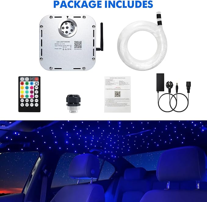 AMKI High Brightness 32W Twinkle 800pcs 0.03in 13.1ft Fiber Optic Starlight Headliner Kit for Car Home Roof Ceiling Decoration Fiber Strands RGBW Starlight Box Sound Activated APP Remote Control