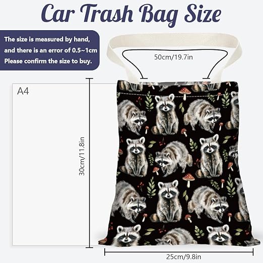 Raccoon Print Car Trash Bag Hanging Garbage Bag with Snap Buttons Car-Back Seat Trash Storage Portable Dustbin for Car Interior Accessories Travel Camping
