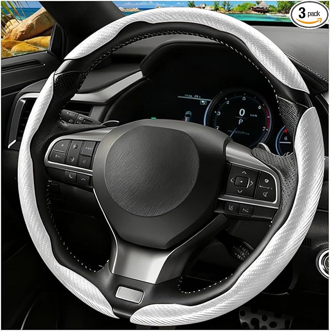 3PCS Carbon Fiber Car Steering Wheel Cover, Leather Segmented Anti-Skid Steering Wheel Protector, Snap on Automotive Interior Protection Accessories, Universal for Vehicles (White)