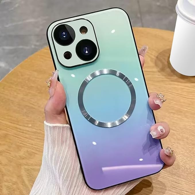 Guppy Compatible with iPhone 15 Plus Case Magnetic, with Full Camera Lens Protector [Compatible with MagSafe] Scratch Resistant Gradient Glass Back Cover Phone Case-Blue