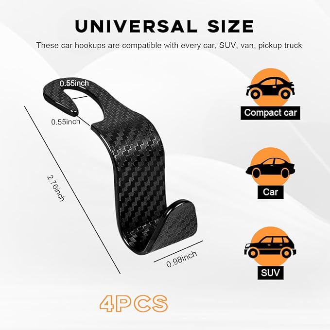 4PCS Car Seat Headrest Hook, Auto Back Seat Hanging Storage Organizer, Vehicle Seatback Hanger Holder for Purse Handbag Coat Umbrella, Universal Interior Car Accessories (Carbon Fibre Black)