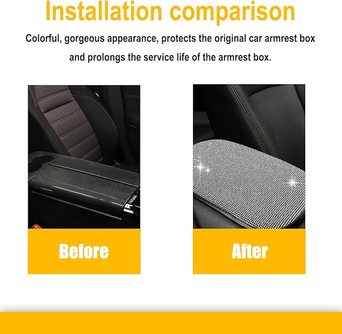 11.9''×8.4'' Bling Car Center Console Cover, Crystal Diamond Arm Rest Cover for Car, Soft Elbow Pillow Automotive Armrest Seat Box Cover, Arm Rest Protective Cushion Pad for Women Men (White)