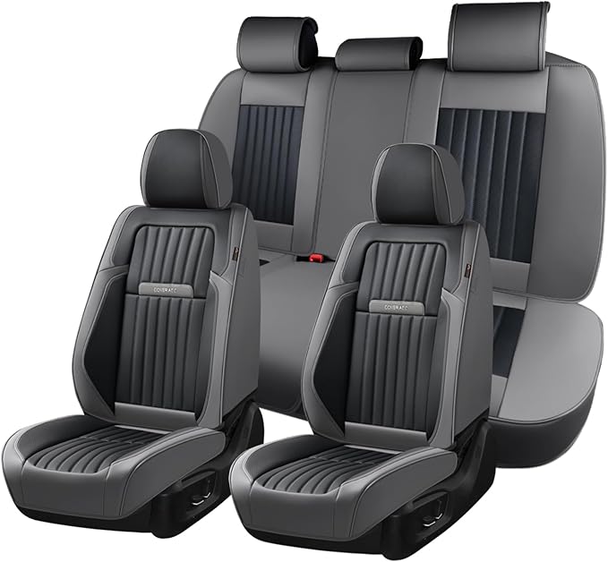 Coverado Car Seat Covers Full Set, Seat Covers for Cars, Car Seat Cover, Car Seat Protector, Leather Car Seat Cushion, Waterproof Car Seat Covers Front Seats and Back Fit for Most Cars(Gray&Black)
