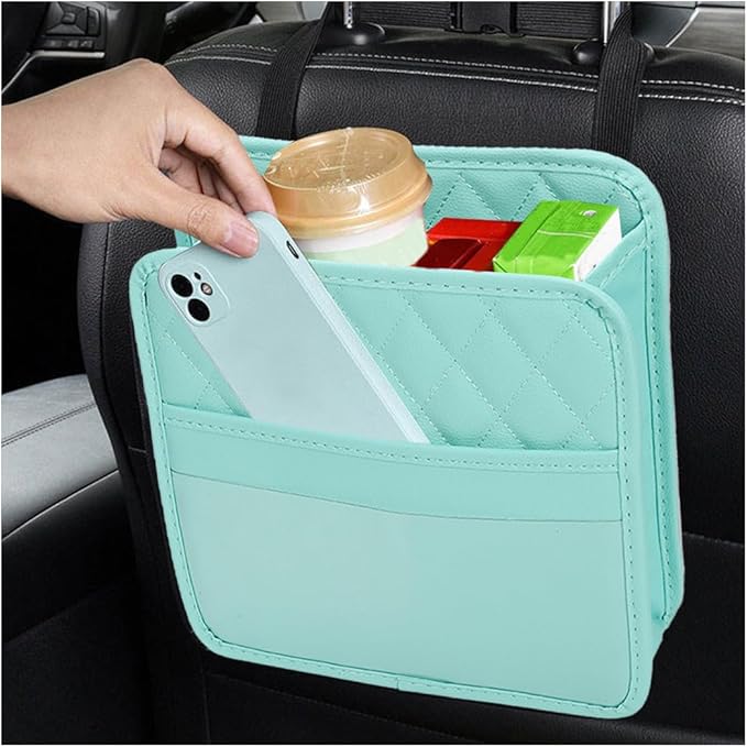 Car Seat Back Organizer, Foldable Leather Vehicle Backseat Storage Bag, Multifunctional Automotive Interior Hanging Pocket Accessories, Universal Fit (Green)