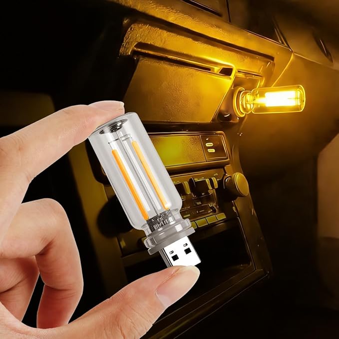 2 PCS USB LED Lights for Car Interior, Touch Dimmable Ambient Lighting, Mini Retro Glass Bottle Night Light Bulb for Vehicle, Bedroom, Camping(Warm White)