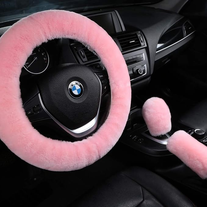 3Pcs/Set Pure Wool Fur Furry Steering Wheel Cover, Soft Fluffy Handbrake Cover Gear Shift Cover for Women Car SUV Truck Australia Sheepskin Accessories, Pink