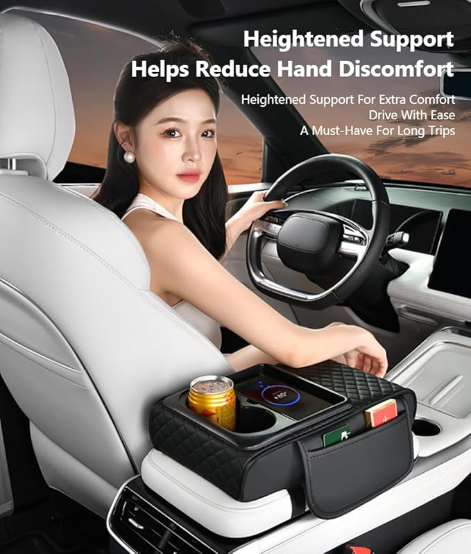 Car Armrest Pad with Built-in Induction Charging, Leather Center Console Cushion with 15W Power Pad, Dual Cup Holders, Storage Pockets - Grey