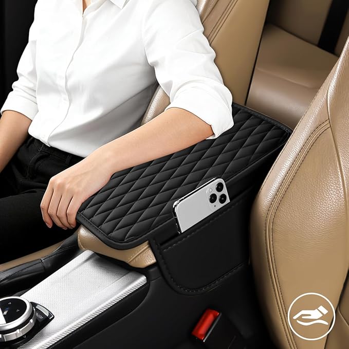 Car Armrest Cushion Pad, Leather Vehicle Center Console Cover with 2 Storage Bags, Non-Slip Automotive Interior Arm Rest Seat Box Cover Accessories, Universal for SUV RV Sedan (Black)