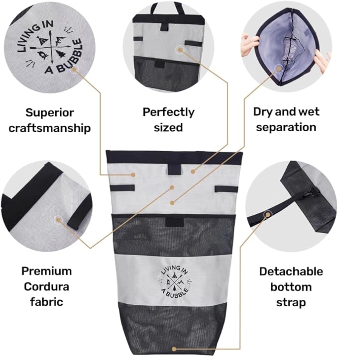 Living in a Bubble Wet Dry Laundry Bag – Portable Waterproof Laundry Hamper for RV, Campervan & Travel – Foldable Clothes Organizer with Separate Wet & Dry Compartments