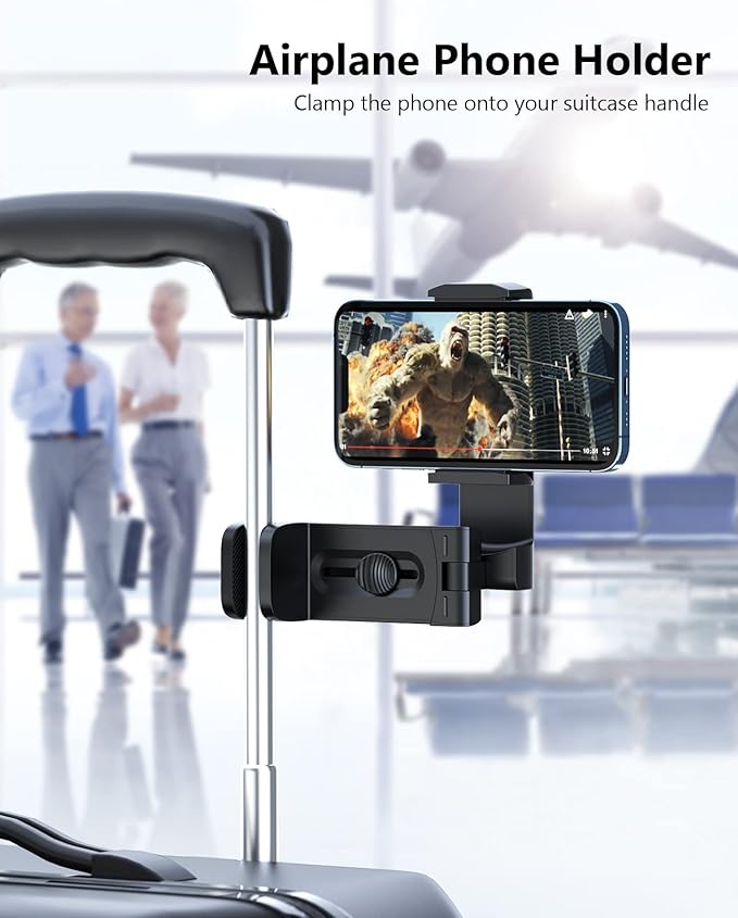 MiiKARE Travel Essentials Airplane Phone Holder, Universal Handsfree Phone Mount for Flying with 360 Degree Rotation, Travel Must Haves Phone Stand for Desk, Tray Table, Black&Black