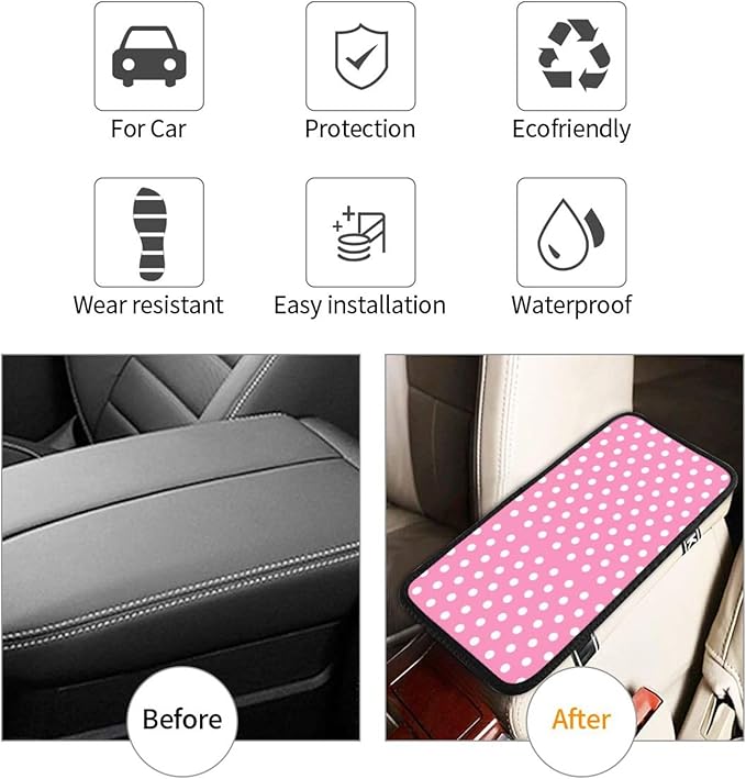 Car Armrest Cover Auto Center Console Pad Arm Rest Cushion Soft Car Accessories Universal for Most Vehicle (Pink Polka Dot Pattern Design)
