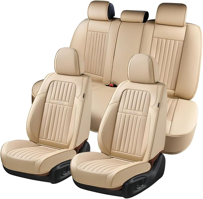 Coverado Front and Back Seat Covers for Cars, Automotive Seat Covers for Trucks, Nappa Leather Car Seat Covers, 5 Seats Waterproof Carseat Protector Car Seat Cover Beige, Universal Fit for Most Cars