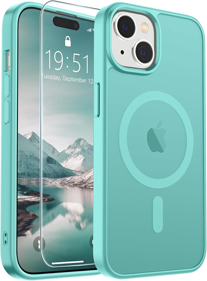 SUPFINE Magnetic for iPhone 15 Case (Compatible with MagSafe) (Military Grade Drop Protection) Slim Translucent Matte Shockproof with Anti-Fingerprint Phone Case, Blue Green