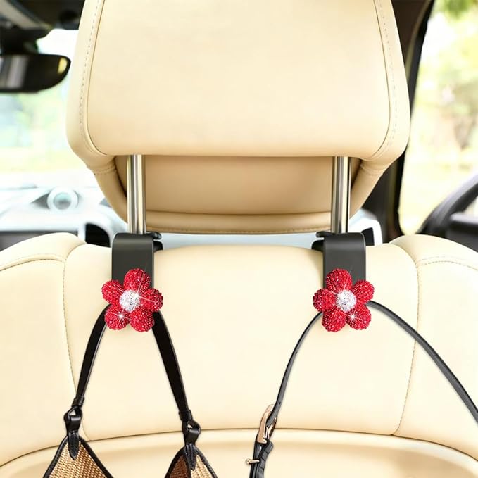 Bling Car Seat Headrest Hook, 4PCS Daisy Crystal Rhinestone Vehicle Backseat Hanger Storage Hook for Purses Bags, Auto Interior Headrest Storage Organizer Decorations, Universal Fit (Red)