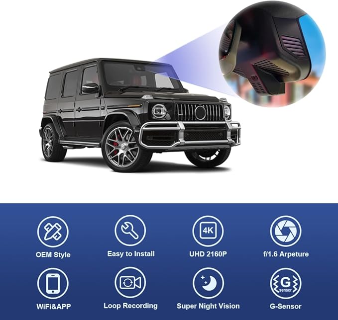 Fitcamx 4K Dash Cam Suitable for Mercedes-Benz G-Class 2019-2024 G550 (HD2-6166, with 10 Vents) W463, OEM Look, UHD 2160P Video, Loop Recording, Built-in WiFi & APP, G-Sensor, Plug & Play, 64GB Card