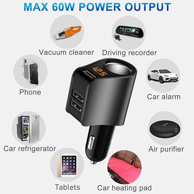 LIHAN Multi USB Cigarette Lighter Adapter, Car Charger Socket Splitter with 3 USB Ports, 12V/24V Outlet Plug Voltage Meter,Compatible for iPhone,iPad, Samsung Galaxy, LG, Google