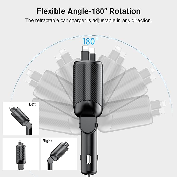 Retractable Car Charger 4 in 1 Fast Charging Adapter Magjieyx 62W Retractable Type-C/USB-i Cables and USB C/USB A QC & PD Devices for iPhone 16/15/14/13/12Pro Max Plus,iPad,AirPods, Galaxy
