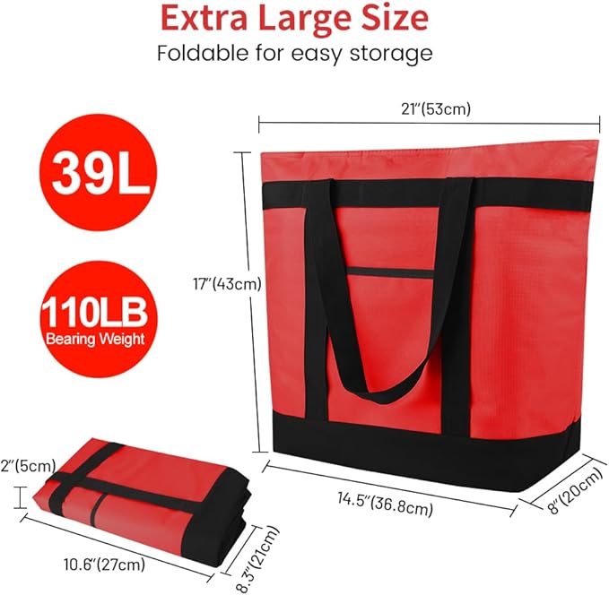 mosago 2PK Reusable Grocery Tote Bags, Insulated Cooler Shopping Bag for Women, Pizza/Food Delivery Bags to Keep Food Hot/Cold for Commercial Food Transport, Cooler Bag for Travel/Picnic, Collapsible
